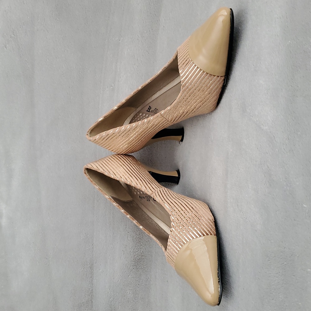 ๐๏ธ BELLINI Zesty Cord Tan Faux Leather Corduroy Gold Striped Pumps SIZE: 10W - Picture 5 of 14